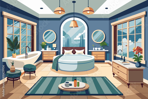 Illustration of a spacious bedroom with a large bed, freestanding bathtub, and extensive windows offering a mountain view. The room features two armchairs, a dresser, and a rug