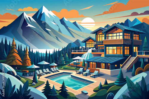 Illustration of an expansive, luxurious mountain lodge overlooking a scenic landscape with towering mountains, pine trees, and an outdoor pool area with loungers and umbrellas. © SaroStock