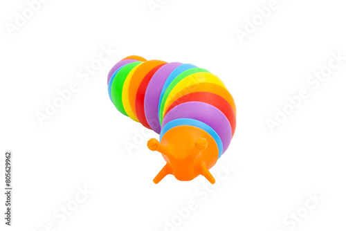 Multicoloured anti-stress plastic slug. Sensory toys for children. Flexible multicoloured toy without background. A game for developing imagination and fine motor skills.