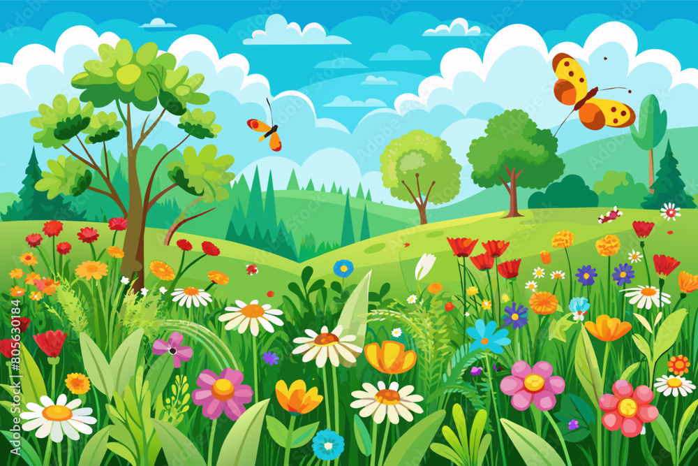 Colorful illustration of a vibrant meadow filled with various flowers, trees, and butterflies under a clear blue sky. Colorful illustration of a vibrant meadow filled with various flowers, trees, and butterflies under a clear blue sky.