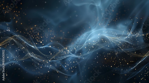 Golden particles in wavy motion on dark blue background. Elegant abstract design. Luxury and glamour concept.