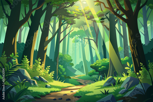 Illustration of a serene forest path with sunbeams filtering through dense trees  highlighting vibrant green foliage and scattered rocks.