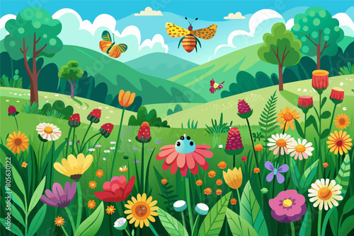 Colorful illustration of a vibrant meadow filled with various flowers  trees  and butterflies under a clear blue sky.