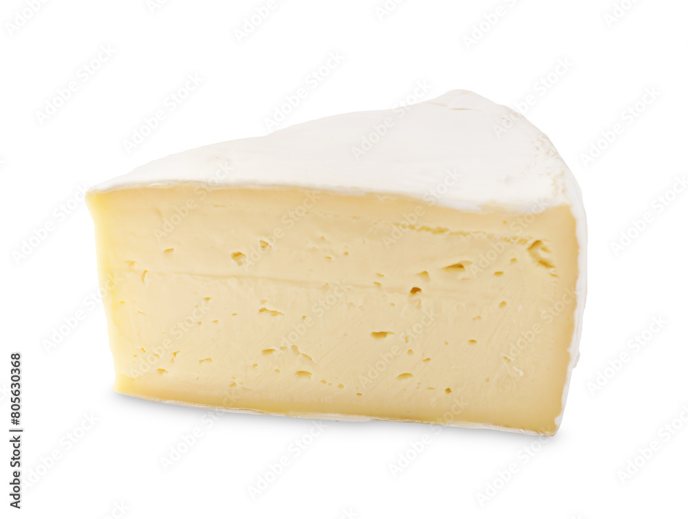 One piece of tasty camembert cheese isolated on white