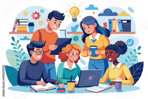 Colorful vector illustration of a group of diverse people working together on a project.
