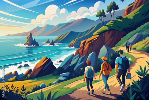 Colorful illustration of four hikers walking along a coastal trail with steep cliffs and rock formations in the sea.