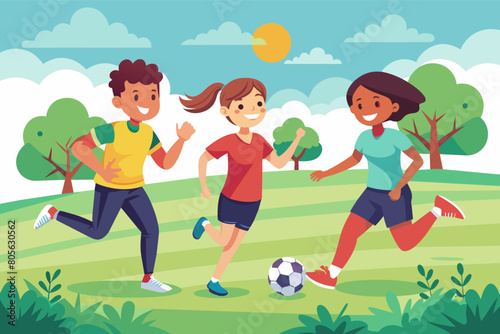 Illustration of five diverse children playing soccer in a sunny park with trees and a clear sky in the background.