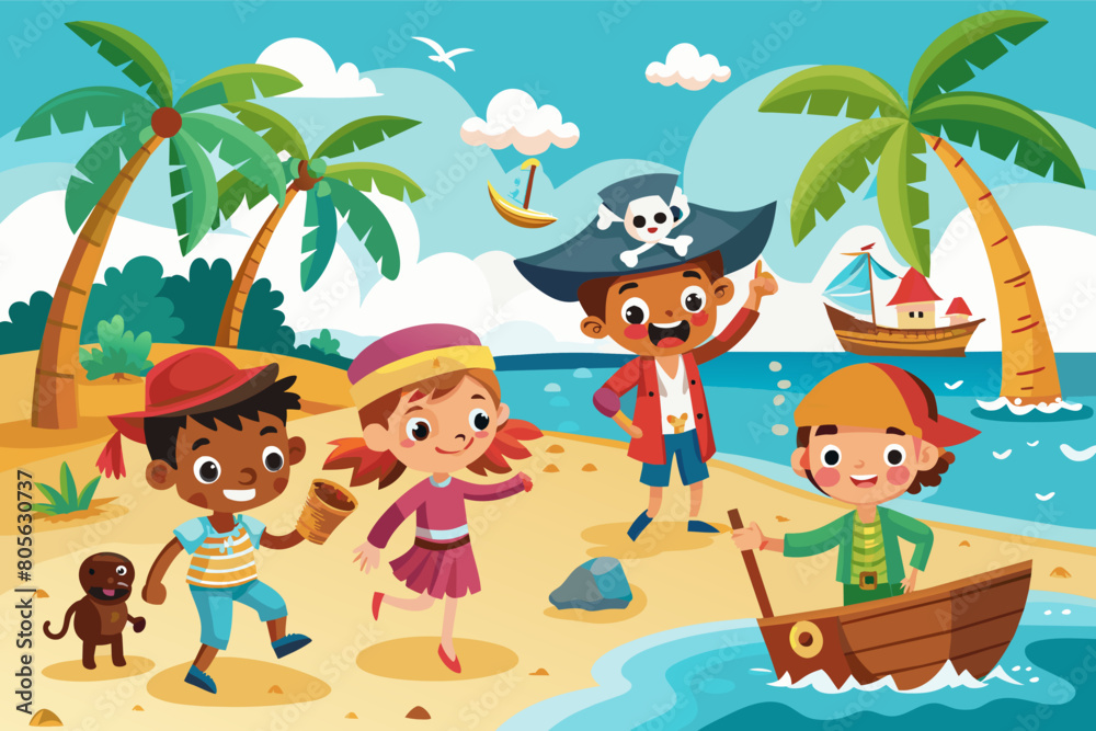 A group of children playing pirates on a sunny beach.