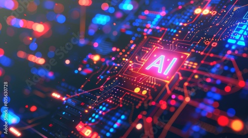 AI sign glowing on circuit board with light effects. Futuristic technology and machine learning concept.