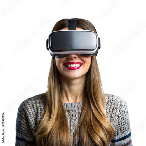 Smiling Woman Experiencing Virtual Reality With VR Headset Against White Background