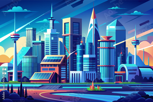 Colorful illustration of a futuristic cityscape at sunset with modern skyscrapers, a solar panel, futuristic transportation, and lush greenery set against a vibrant sky with clouds and flying birds.