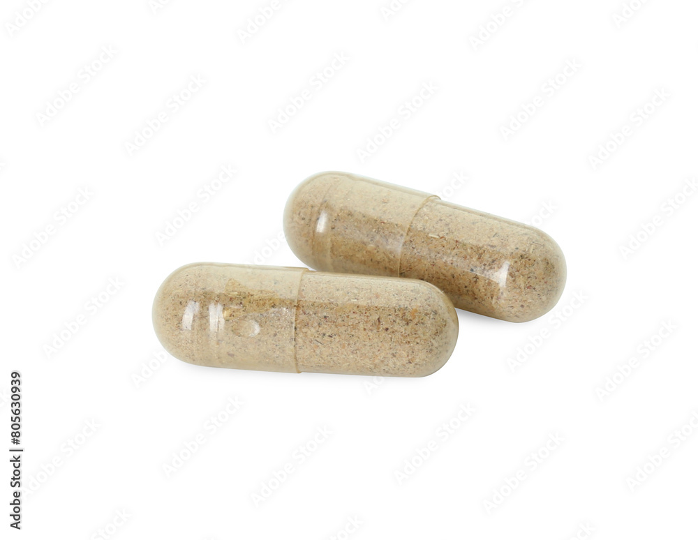 Vitamin capsules isolated on white. Health supplement