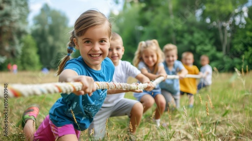 Children playing tug of war in forest setting. Adventure and teamwork concept. Design for poster, invitation.
