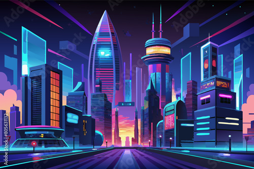 Futuristic cityscape at night with colorful neon lights, featuring tall skyscrapers and a crescent moon in the sky.