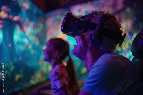 A father and his daughter explore a colorful virtual world, experiencing modern VR technology © Ryan