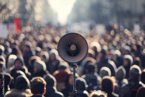 protest and social dissatisfaction concept, large crowd protesting in streets, focus on megaphone. High quality photo photo