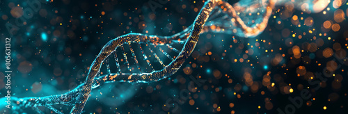 Abstract double helix of DNA with glowing particles on dark background, futuristic bi Roxie and stock photo, AI smooth render, turquoise color photo