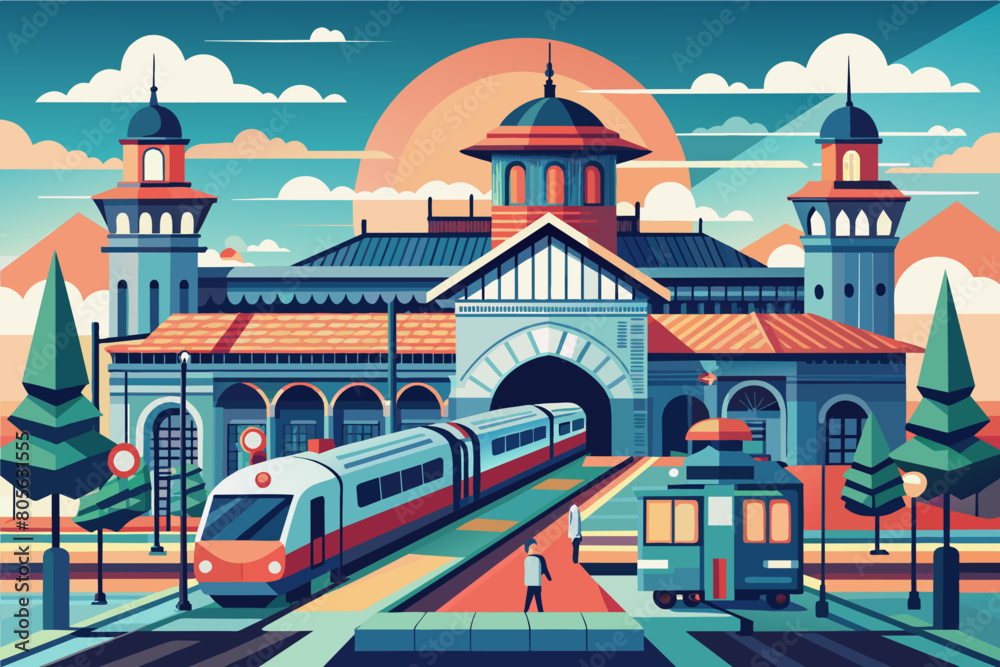 Colorful, stylized illustration of a bustling train station with a modern red train arriving and an old-fashioned green tram departing, framed by historical buildings with domes and towers, Colorful, stylized illustration of a bustling train station with a modern red train arriving and an old-fashioned green tram departing, framed by historical buildings with domes and towers,