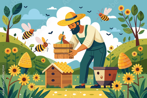 Illustration of a beekeeper tending to beehives in a colorful meadow, surrounded by bees, sunflowers, and beehive boxes, under a sunny sky with clouds.