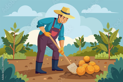 Illustration of a smiling farmer wearing a hat, overalls, and a shirt, digging up potatoes with a fork in a field with trees and plants in the background.