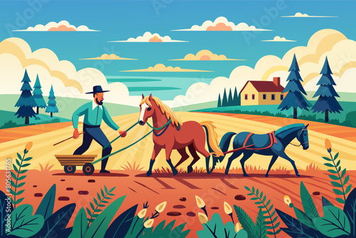 Illustration of a farmer plowing a field with the help of a horse and a smaller horse-like animal, set against a scenic landscape of trees, fields, and a farmhouse under a clear sky.