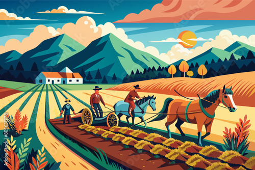 Illustration of a farmer plowing a field with the help of a horse and a smaller horse-like animal, set against a scenic landscape of trees, fields, and a farmhouse under a clear sky.