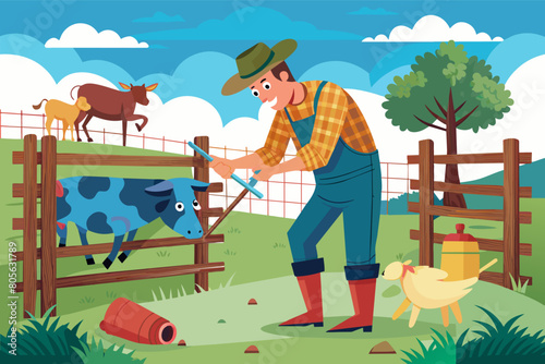 Illustration of a bearded farmer in a straw hat and overalls repairing a wooden fence, while a brown goat stands nearby. In the background, there is a cow, green trees, and a sunny sky. © SaroStock