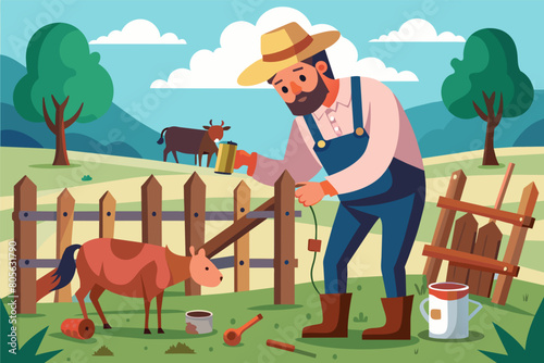 Illustration of a bearded farmer in a straw hat and overalls repairing a wooden fence, while a brown goat stands nearby. In the background, there is a cow, green trees, and a sunny sky.