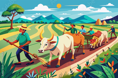 Illustration of a rural landscape where a man leading two oxen and two children riding a donkey follow a path, surrounded by lush greenery and trees under a clear blue sky.
