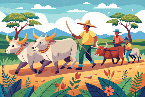 Illustration of a rural landscape where a man leading two oxen and two children riding a donkey follow a path, surrounded by lush greenery and trees under a clear blue sky.