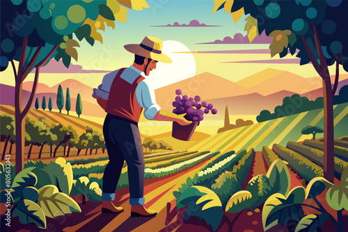 Illustration of a man in a hat and overalls picking grapes in a lush vineyard at sunset, with rows of different crops stretching towards distant hills under a warm sky.