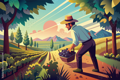 Illustration of a man in a hat and overalls picking grapes in a lush vineyard at sunset, with rows of different crops stretching towards distant hills under a warm sky.