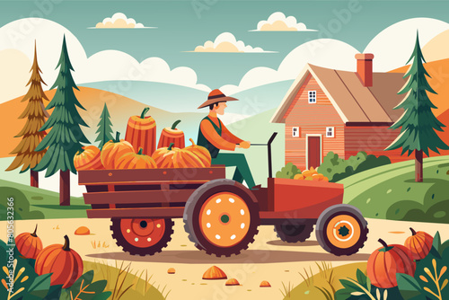 A farmer in a straw hat driving a red tractor pulling a trailer loaded with hay bales through a scenic countryside, with green trees and rolling hills under a blue sky with fluffy clouds.