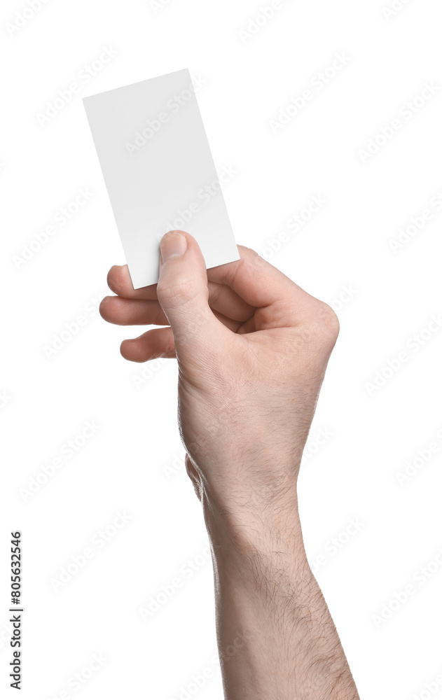 Man holding blank business card on white background, closeup Man holding blank business card on white background, closeup