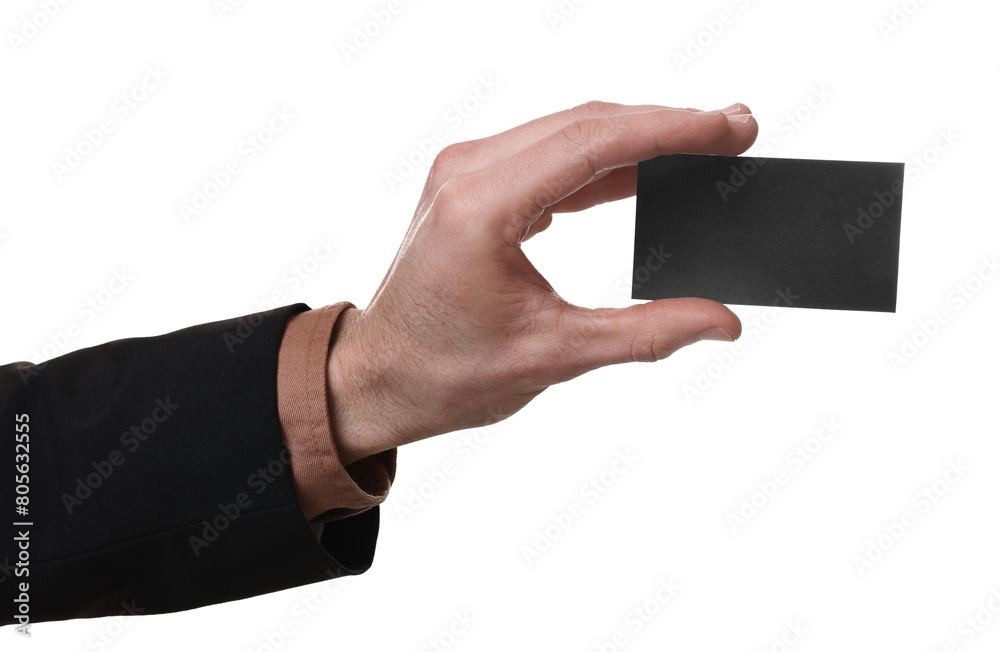 Man holding blank business card on white background, closeup Man holding blank business card on white background, closeup