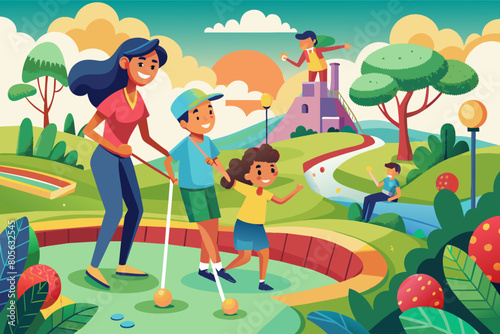 Illustration of diverse children and an adult playing mini golf on a colorful, sunny day with winding paths and trees in a park setting.
