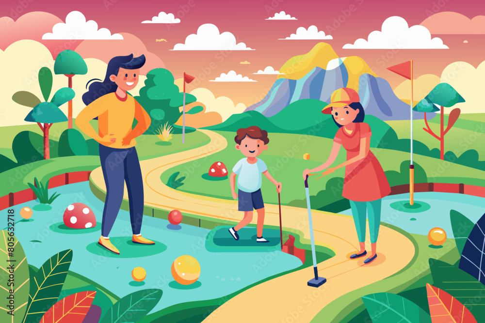 Illustration of diverse children and an adult playing mini golf on a colorful, sunny day with winding paths and trees in a park setting.