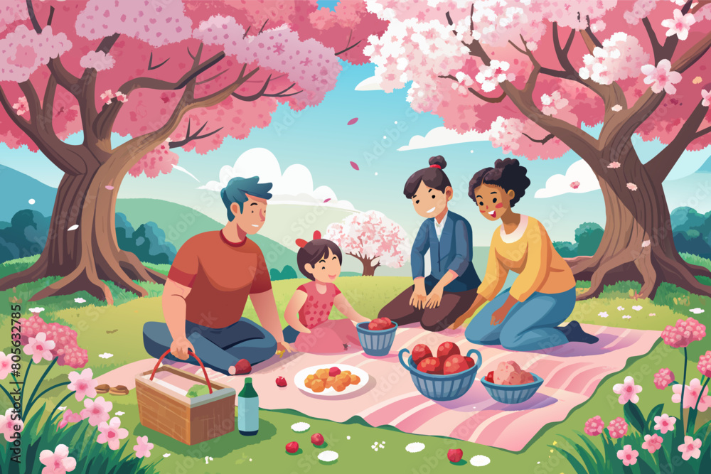 Family picnic on Blossoming cherry trees in spring illustration