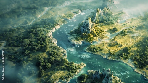 Bring your fantasy world to life with a detailed aerial view showcasing magical kingdoms, treacherous terrains, and secret hideouts Using digital rendering techniques, craft a visually stunning map fo