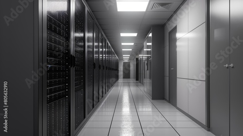 Modern data center corridor with rows of server racks. High tech network and data protection concept in a secure facility