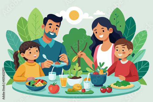 Illustration of a happy family enjoying a healthy meal outdoors, featuring two adults and two children, surrounded by lush greenery with a sunny sky in the backdrop