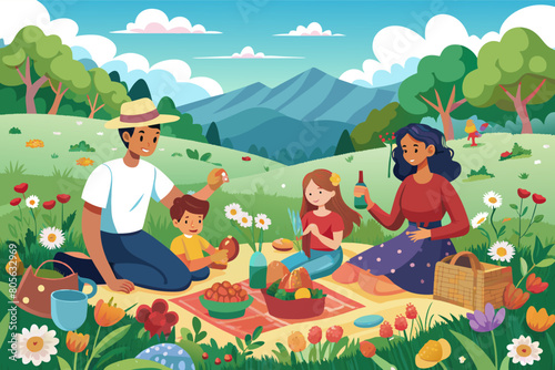 Illustration of a family enjoying a picnic on a sunny day in a green field, with mountains in the background. Two adults and two children are seen sitting on a picnic blanket