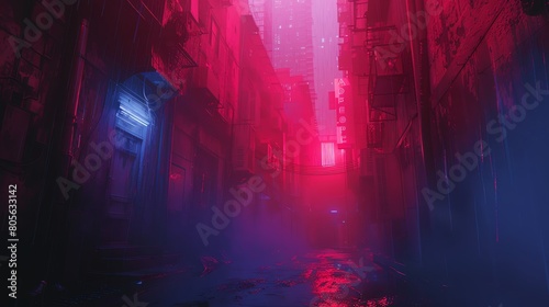 Create a digital rendering of a low-angle shot in a dystopian cityscape  inspired by classic detective mysteries Explore color theory by using contrasting hues to evoke suspense and mystery