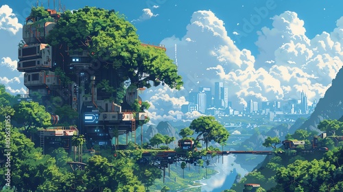Depict a futuristic vision of environmental conservation through a surrealist lens in a side view composition utilizing pixel art Create a captivating scene where nature and technology coexist harmoni
