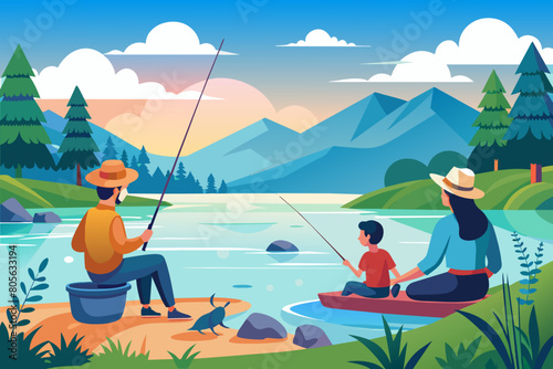 Illustration of a scenic landscape showing a family enjoying outdoor activities by a lake, with mountains in the background. Two people are fishing from a dock