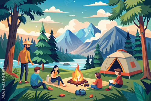 Illustration of a family camping in the forest with mountains in the background. Features a man sitting in a chair drinking coffee, a woman standing using a smartphone photo