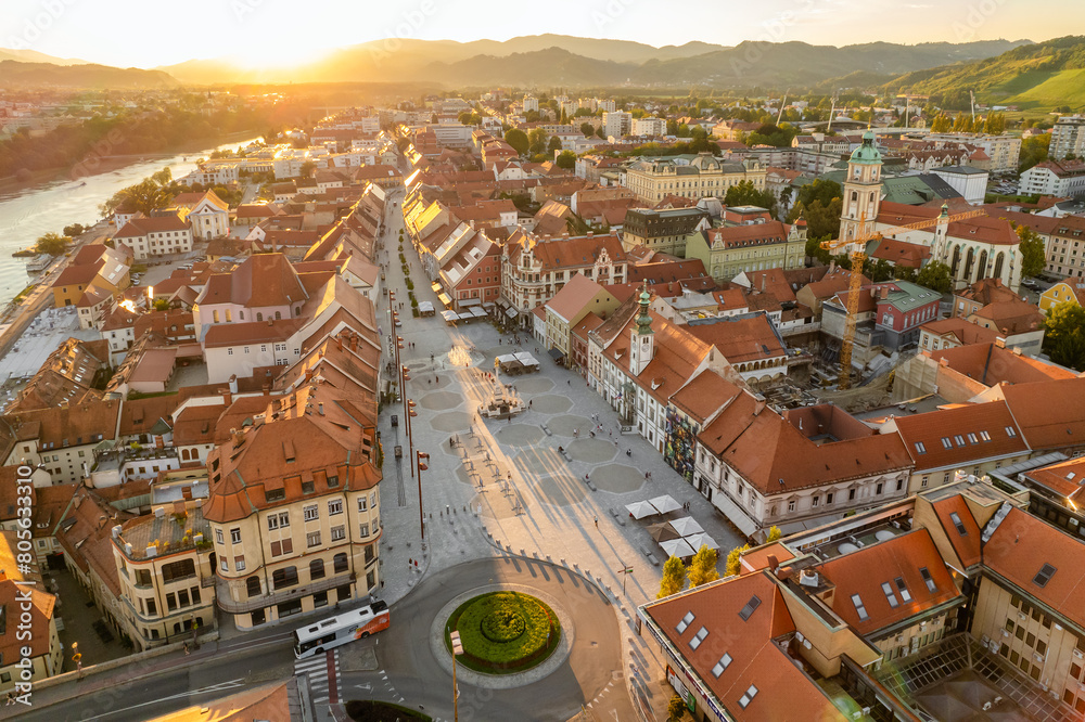 Maribor cityscape aerial view at sunset, Slovenia