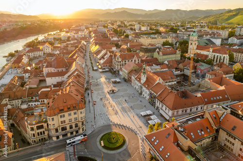 Maribor cityscape aerial view at sunset, Slovenia