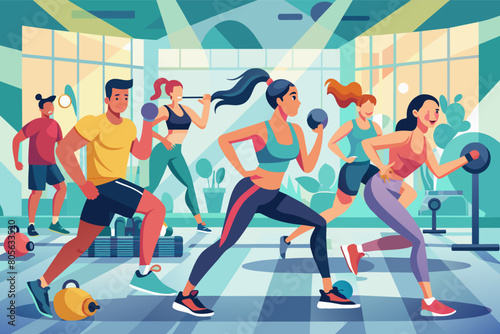 Illustration of a diverse group of people participating in various exercises in a brightly colored gym with large windows and plants. Some are lifting weights