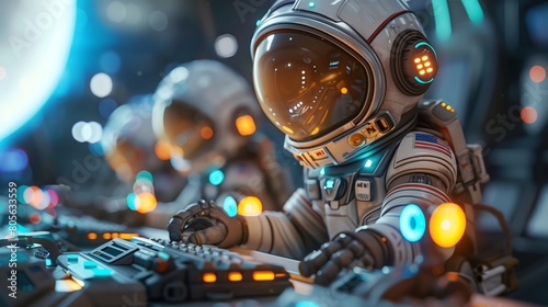 Visualize a cosmic comedy in space exploration where futuristic technologies go hilariously wrong through CG 3D rendering Render a scene of astronauts interacting with high-tech gadgets in a light-hea photo